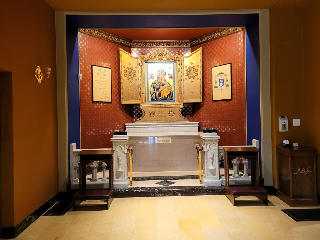 The tomb of Fulton J. Sheen, Cathedral of Saint Mary of the Immaculate Conception, Peoria, Illinois, 23 August 2023. Photograph by Farragutful.